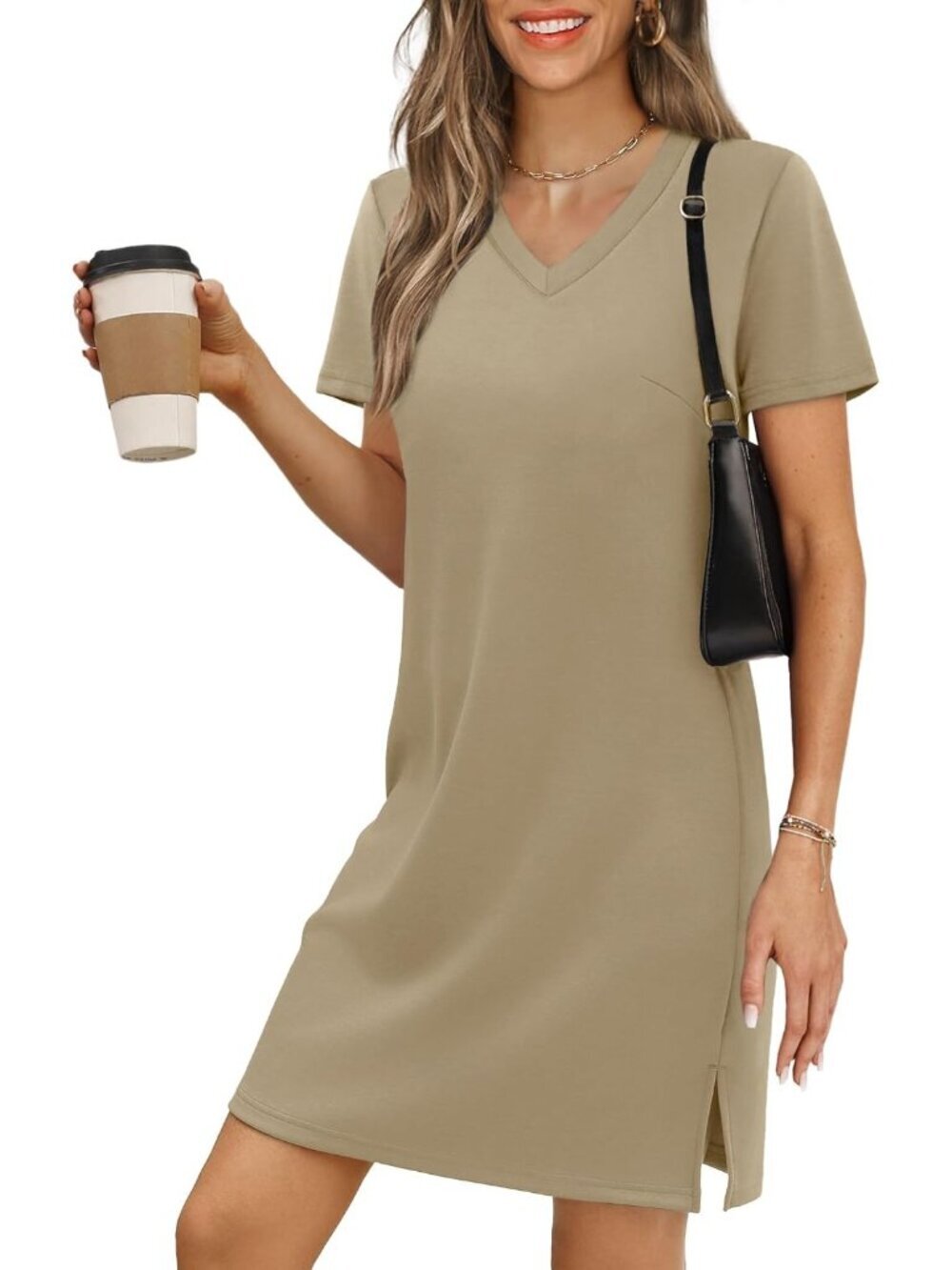 Women's Khaki V Neck Casual Summer Sundress Imported Pull On T Shirt